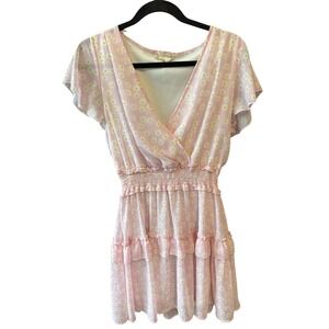 Altar'd State Floral‎ Mini Dress Smocked Ruffle Pink White Short Sleeve Size L
